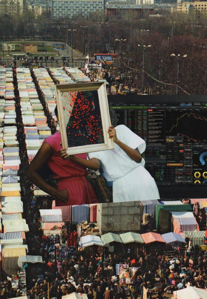 Photo omntage in muted colours. Figures superimposed onto a market and a computer screen