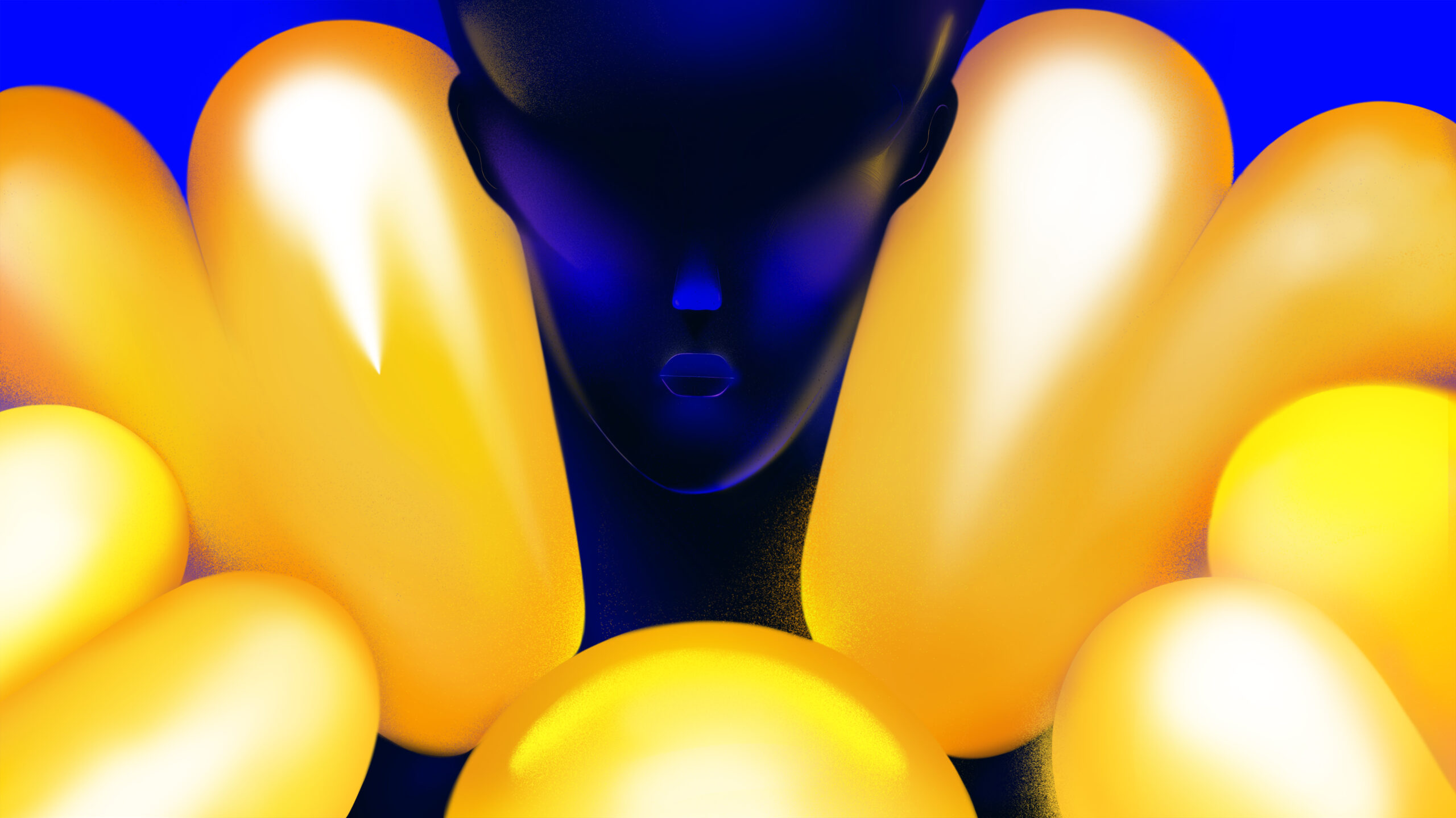 A digital painting of a blue-black face in amongst abstract yellow shapes - Debora Cruchon Pacific 231