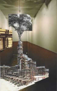 Photo montage in muted colours with a tree, indutrial plant, and corridor