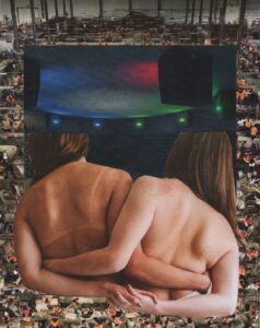 Photo montage - two peoples' backs with their arms intertwined superimposed onto dark montage with coloured screens. Muted colours