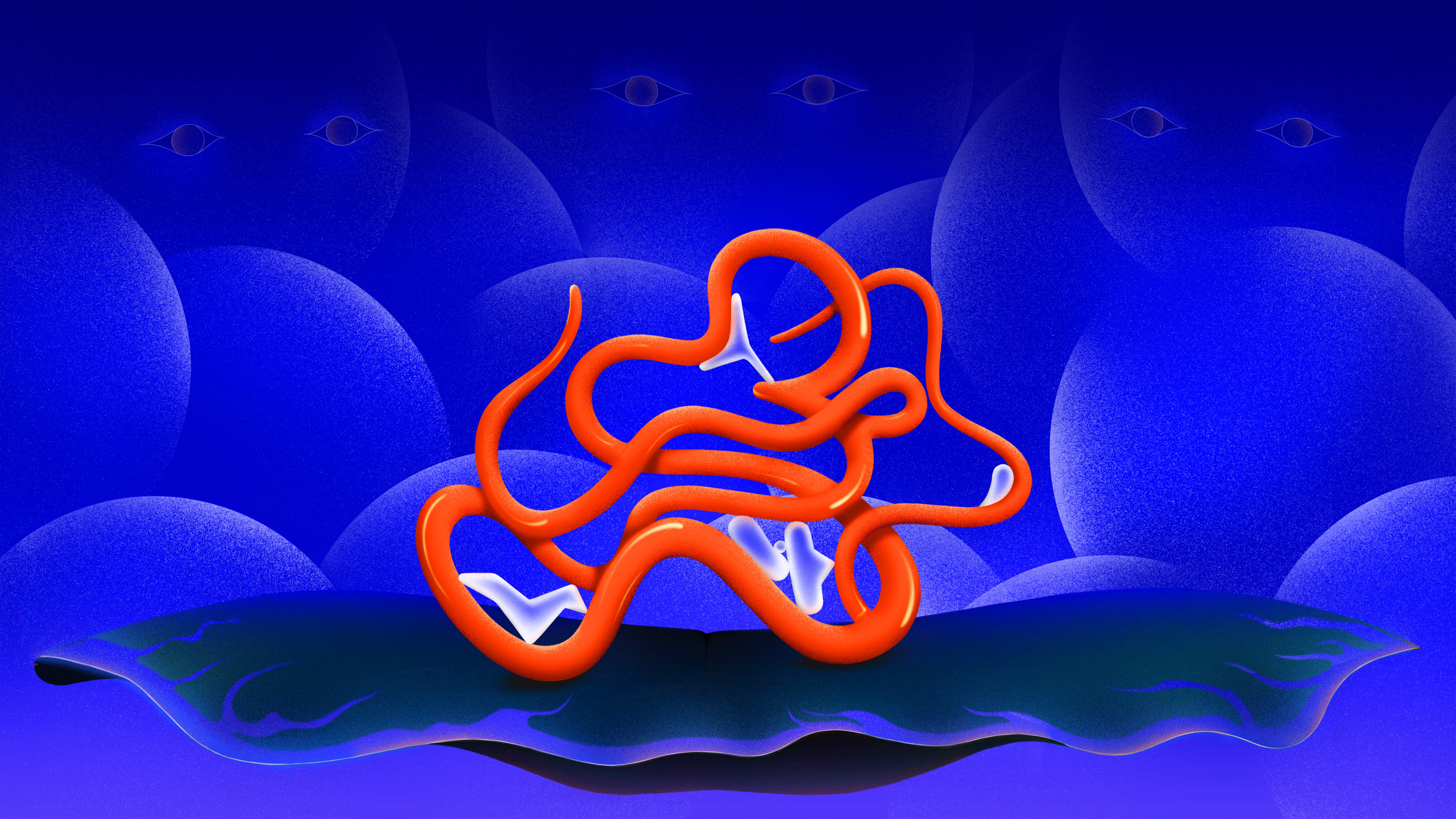 Digital painting in deep blue, faces merge in background, with red abstract shapes in the middle