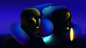 Digital painting in deep blue, two heads of black figures with dark shapes around them
