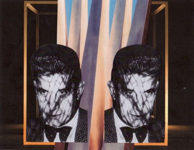 photo montage - muted colours with Lacan's face floating in a rectangular structure