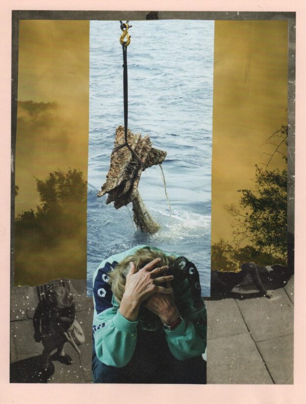 Photo montage in yellow and turquiose. Figure with head in hands superimposed onto misty tress and debris being lifted from water