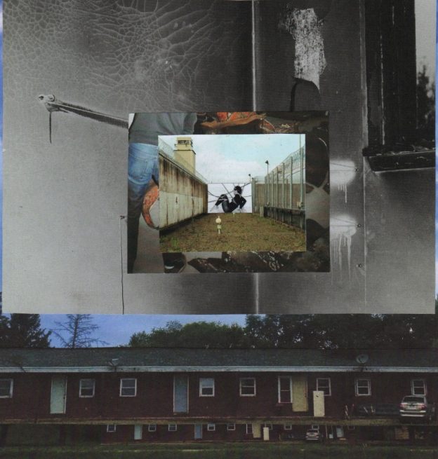 Photo montage of various iages layered on top of each other, muted colours, two obscured figures and midwest houses