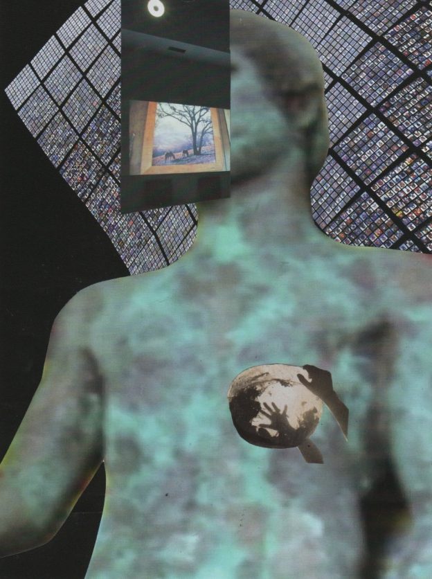 photo montage muted colours. The torso of a figurative metal sculpture in the background, with a photo over its face