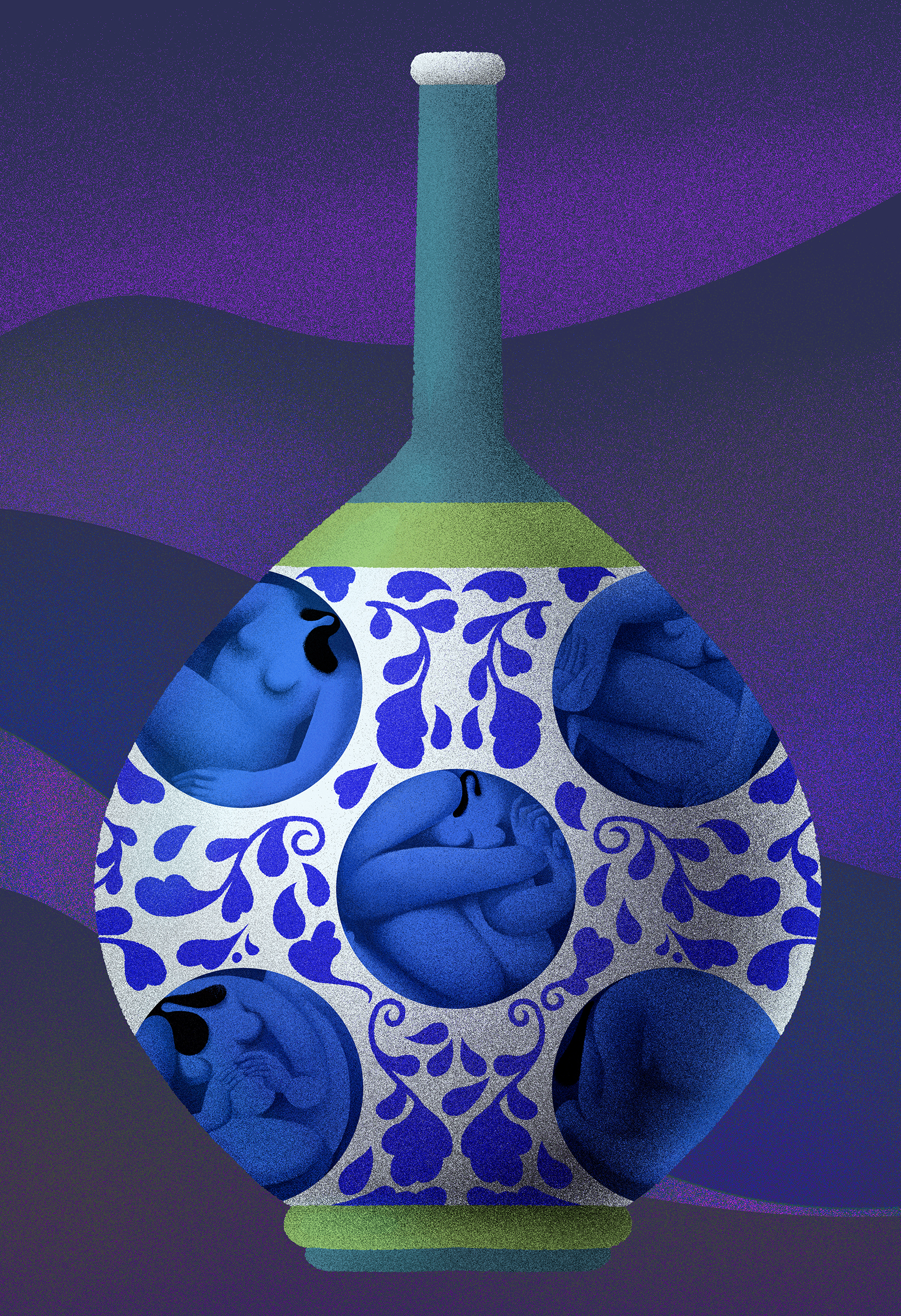 A digital illustration in purples - a greek-style vase with female bodies woven into the white and blue pattern