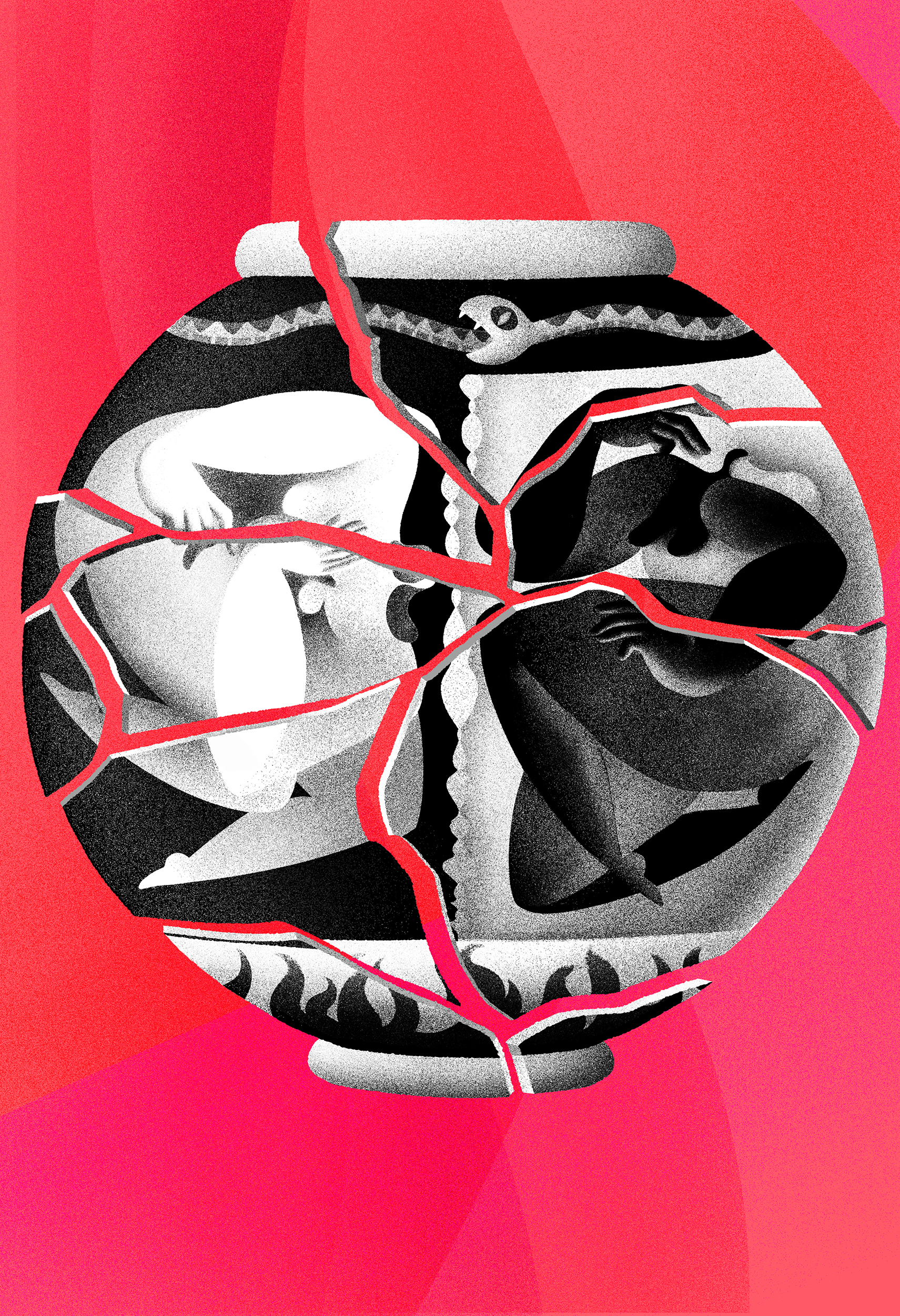 A digital illustration depicting a broken vase in numerous pieces, a black figure and a white figure woven into the black and white pattern. Pink background.