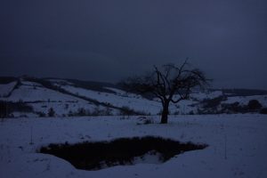 Photograph - dusk, in the snow - of a shallow hole in the ground, in a rural landscape with hills in the background and a tree