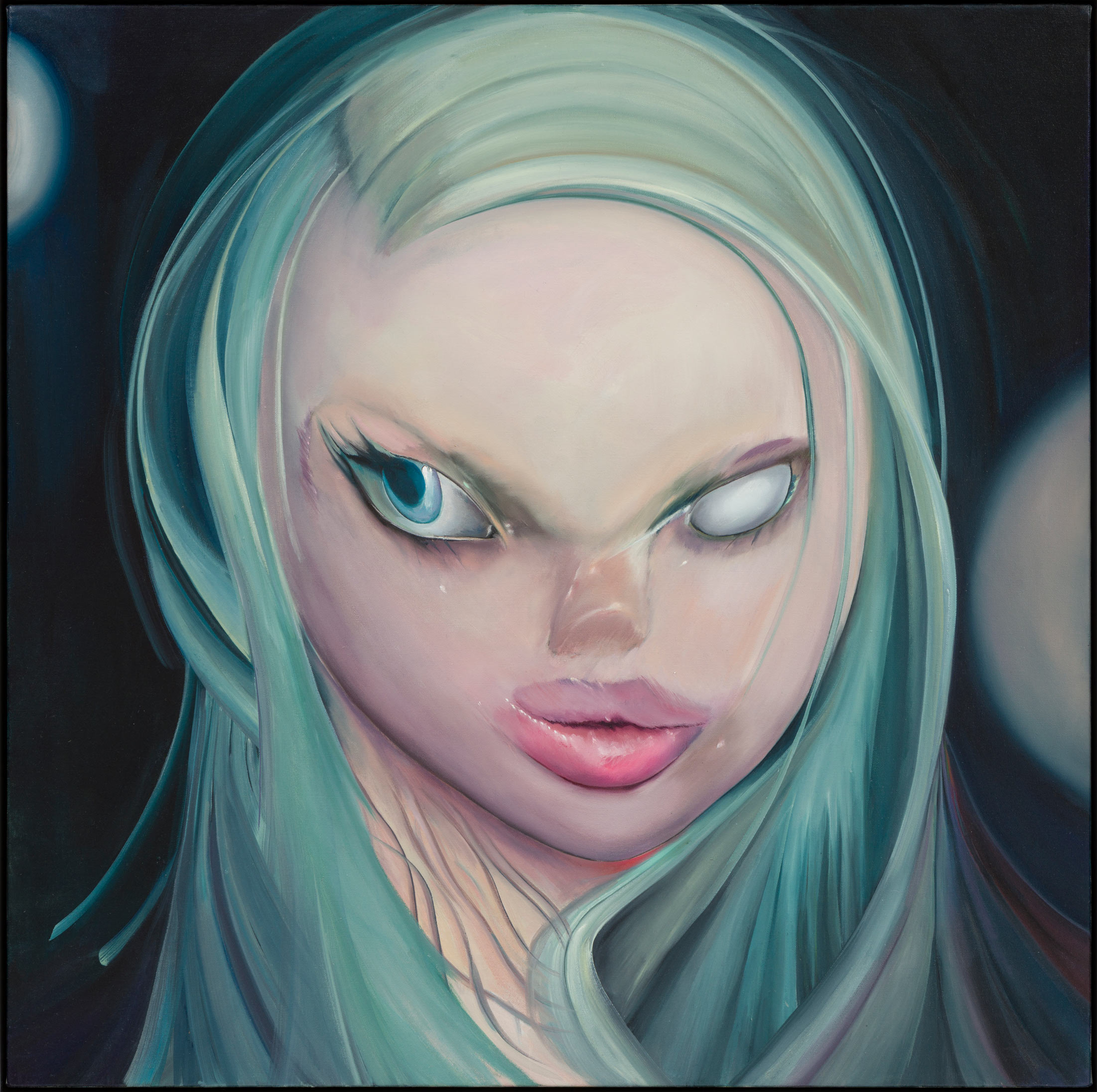 An oil painting of a portrait of a Caucasian girl with teal coloured hair which curves around their face and is shoulder length. They are missing one eye and the one that is showing is blue. They have pink plump lips and are looking to the left.