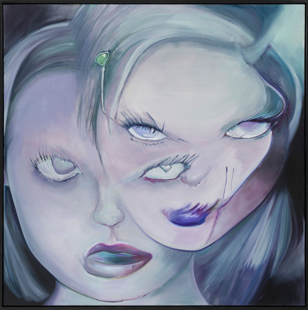 An oil painting of a woman's face with another woman's face overlapping. Both have a light purple tint to their skin and hair which is otherwise blonde. The woman behind has her mouth open without teeth showing and she has a love heart in her right eye where the other woman's face crosses over. The woman in front is transparent on the bottom half of her face where you can see the woman behind through it. Her lips are also smudged so they do not form the shame pf lips but more so a smear of paint.